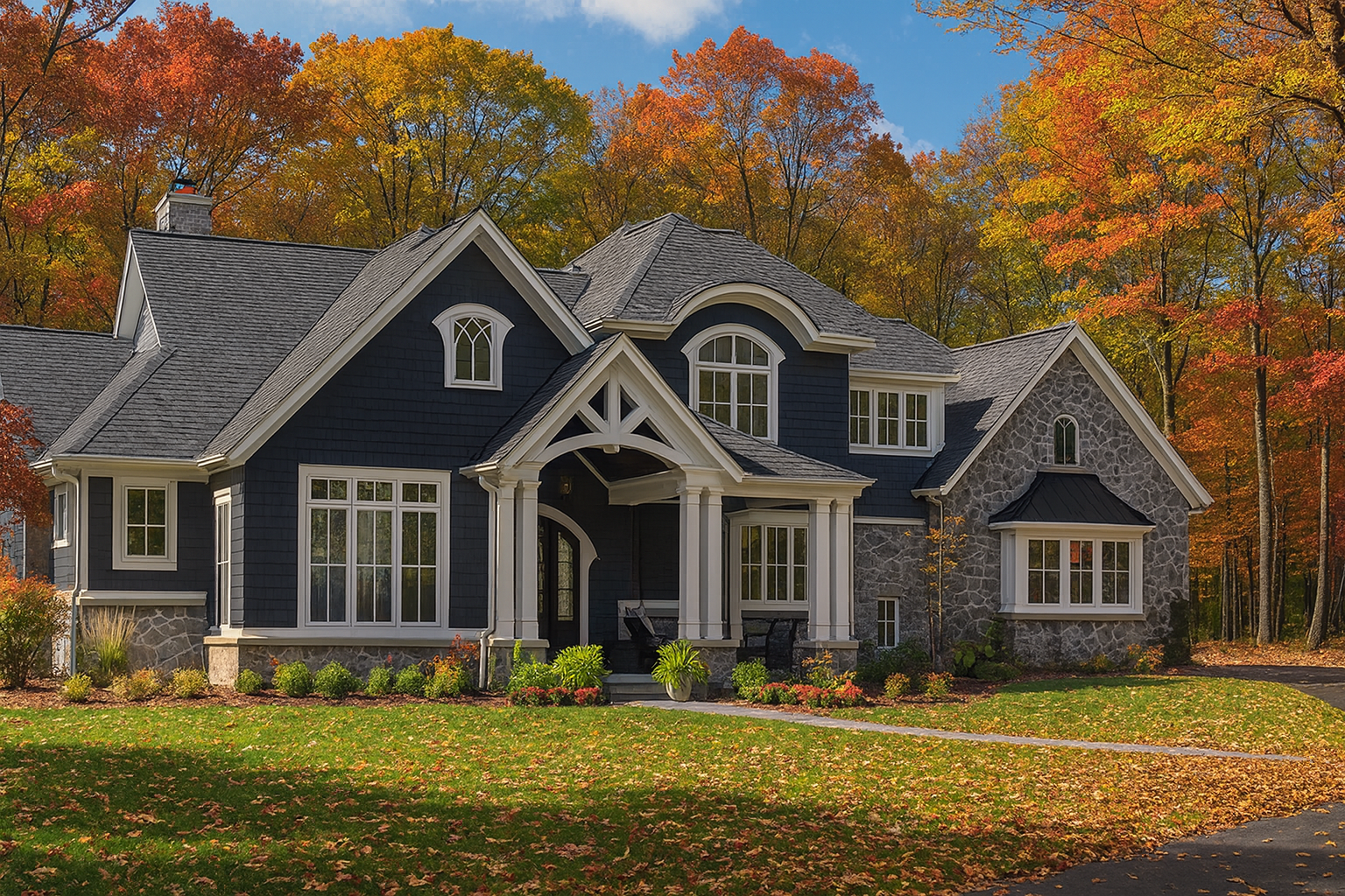 Custom craftsman-style home with navy siding, stone accents, and detailed gables surrounded by vibrant Michigan fall foliage.